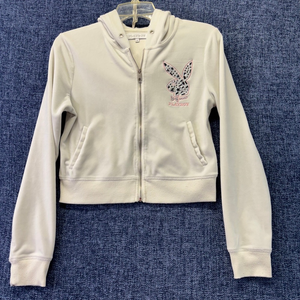 Playboy Womens Small Ivory Zip Up Hoodie Rhinestone Bunny Logo Y2K Cropped
